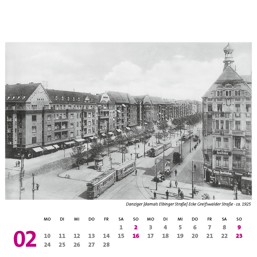 Prenzlauer Berg Kalender 2025, Monat 02: Danziger [damals Elbinger Straße] Ecke Greifswalder Straße · ca. 1925