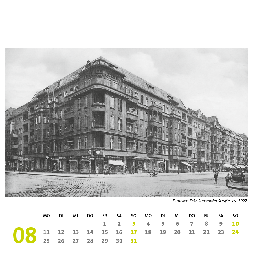 Prenzlauer Berg Kalender 2025, Monat 08: Duncker- Ecke Stargarder Straße · ca. 1927