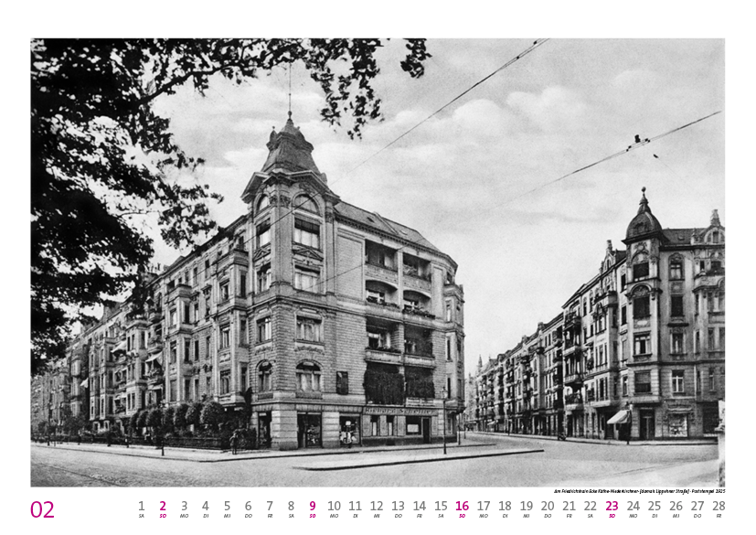 Prenzlauer Berg Kalender 2025, Monat 02: Am Friedrichshain Ecke Käthe-Niederkirchner-Straße [damals Lippehner Straße] · Poststempel 1925