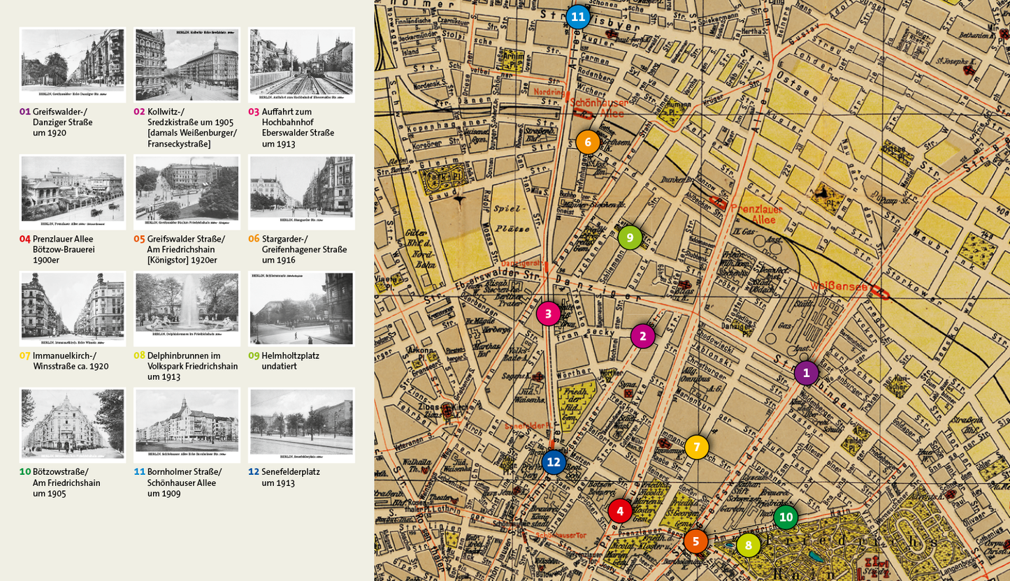 Prenzlauer Berg Poskartenset 02, Übrsicht mit historischem Stadtplan