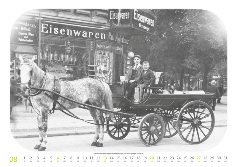 Kollwitz- Ecke Sredzkistraße [damals Weißenburger Ecke Franseckystraße] · ca. 1910er. Kalender Berlin Prenzlauer Berg 2023 DIN A 3 Historische Ansichtskarten und Fotografien 08 August.